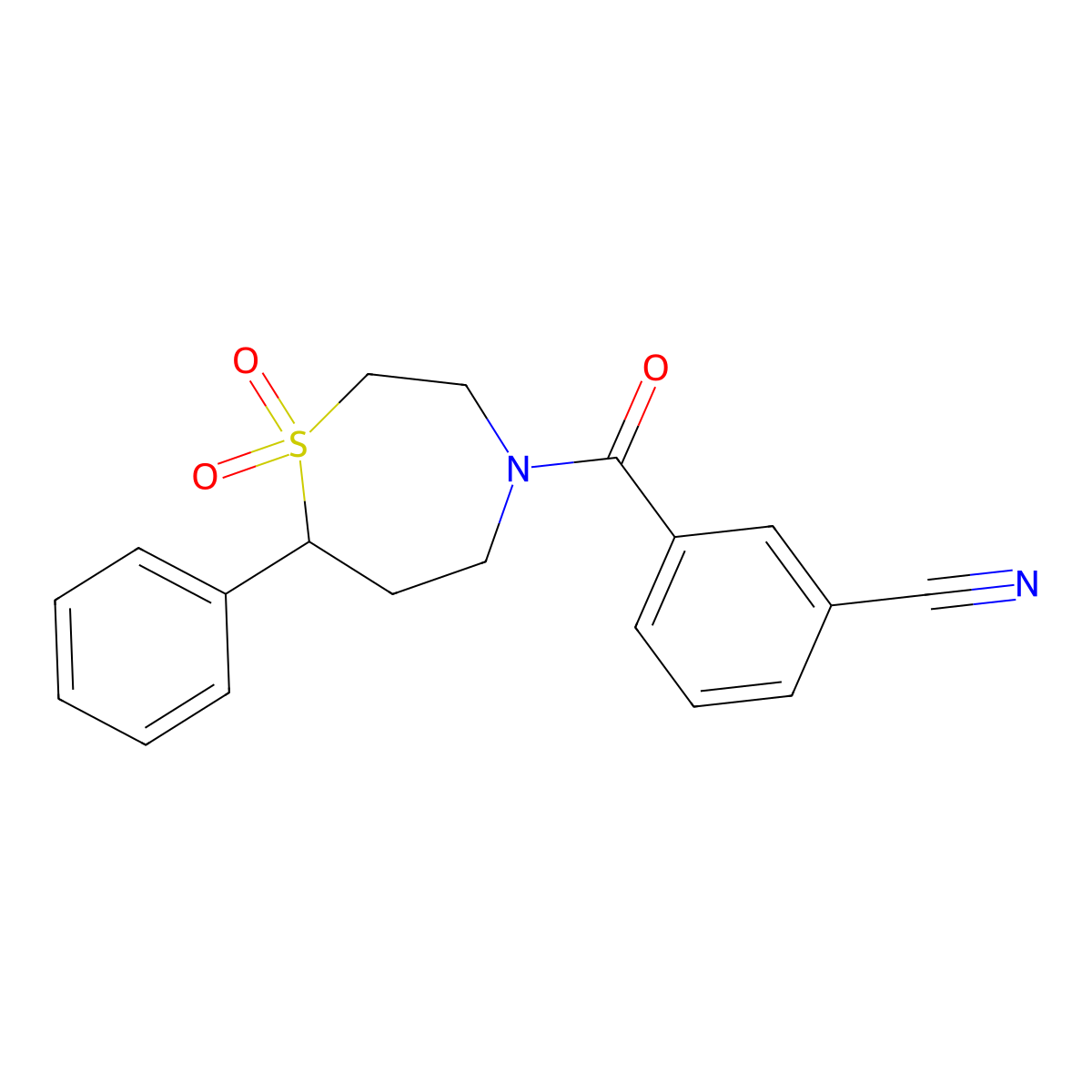 3-(1,1-Dioxido-7-phenyl-1,4-thiazepane-4-carbonyl)benzonitrile molecular structure, CAS 2034335-05-0