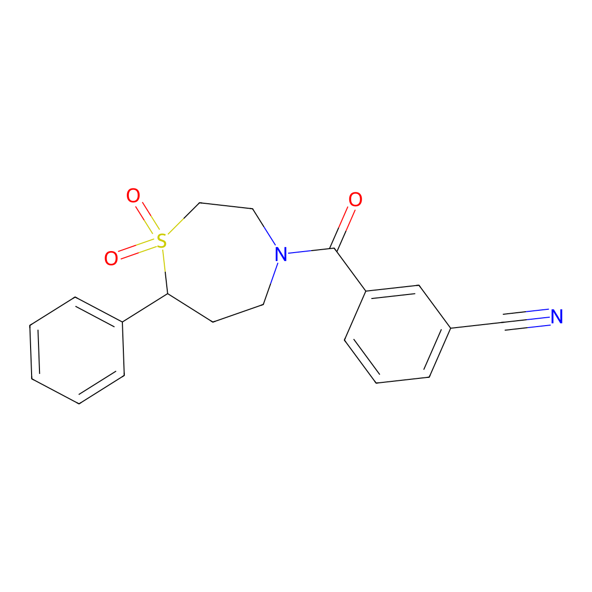 3-(1,1-Dioxido-7-phenyl-1,4-thiazepane-4-carbonyl)benzonitrile molecular structure, CAS 2034335-05-0
