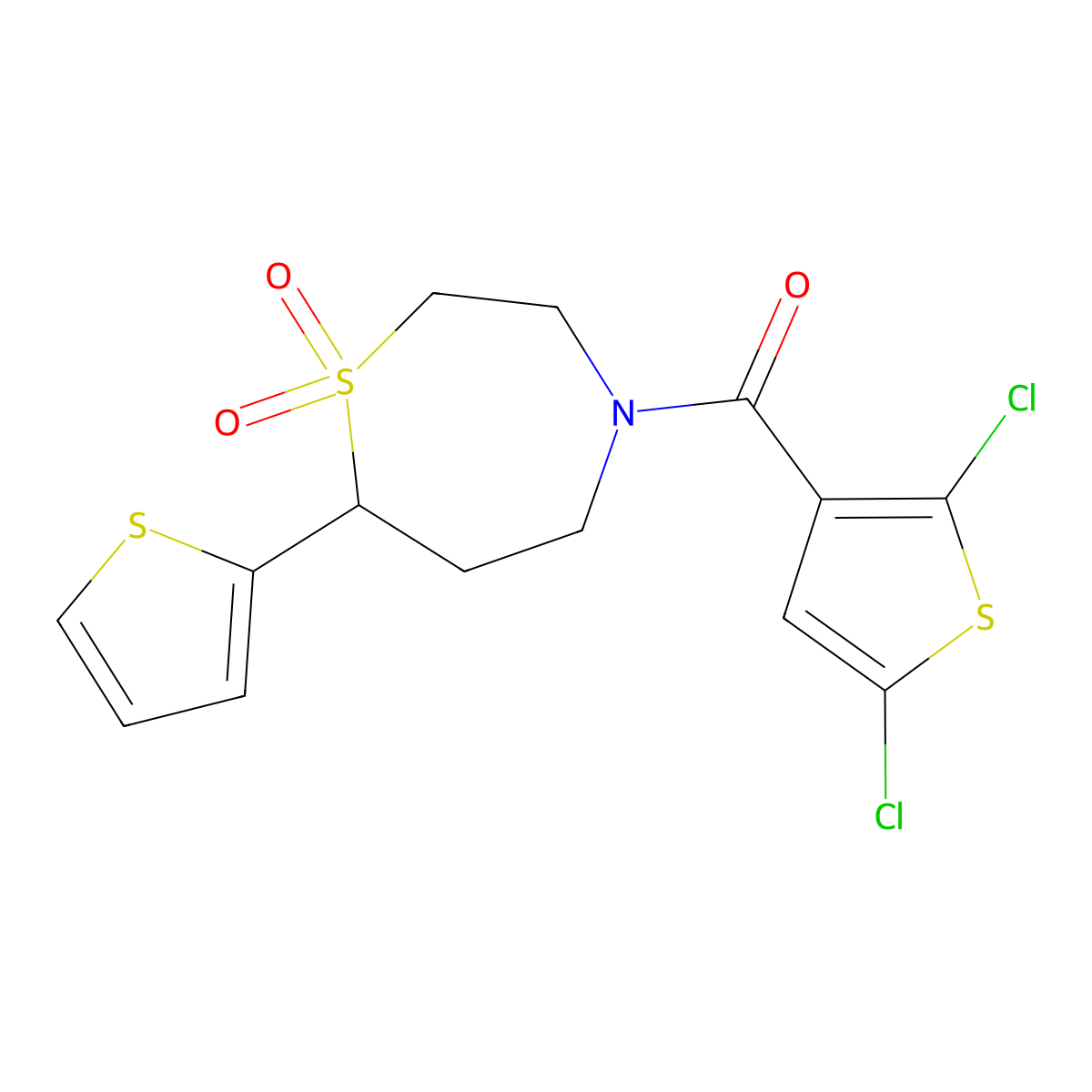 (2,5-Dichlorothiophen-3-yl)(1,1-dioxido-7-(thiophen-2-yl)-1,4-thiazepan-4-yl)methanone molecular structure, CAS 2034335-09-4