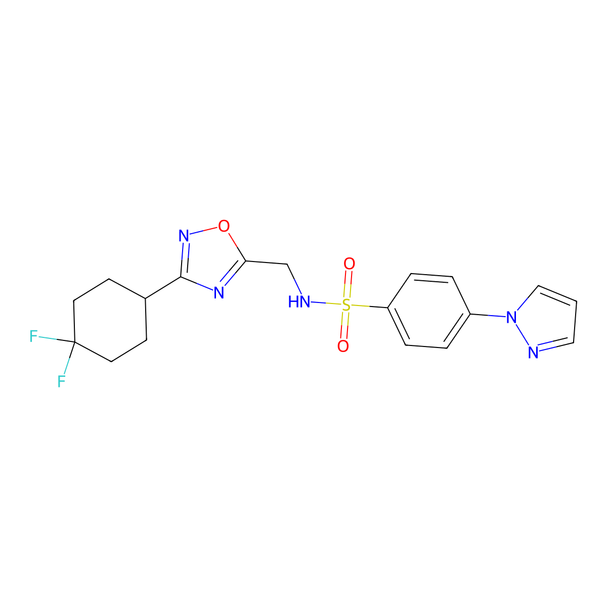 N-((3-(4,4-difluorocyclohexyl)-1,2,4-oxadiazol-5-yl)methyl)-4-(1H-pyrazol-1-yl)benzenesulfonamide molecular structure, CAS 2034335-23-2