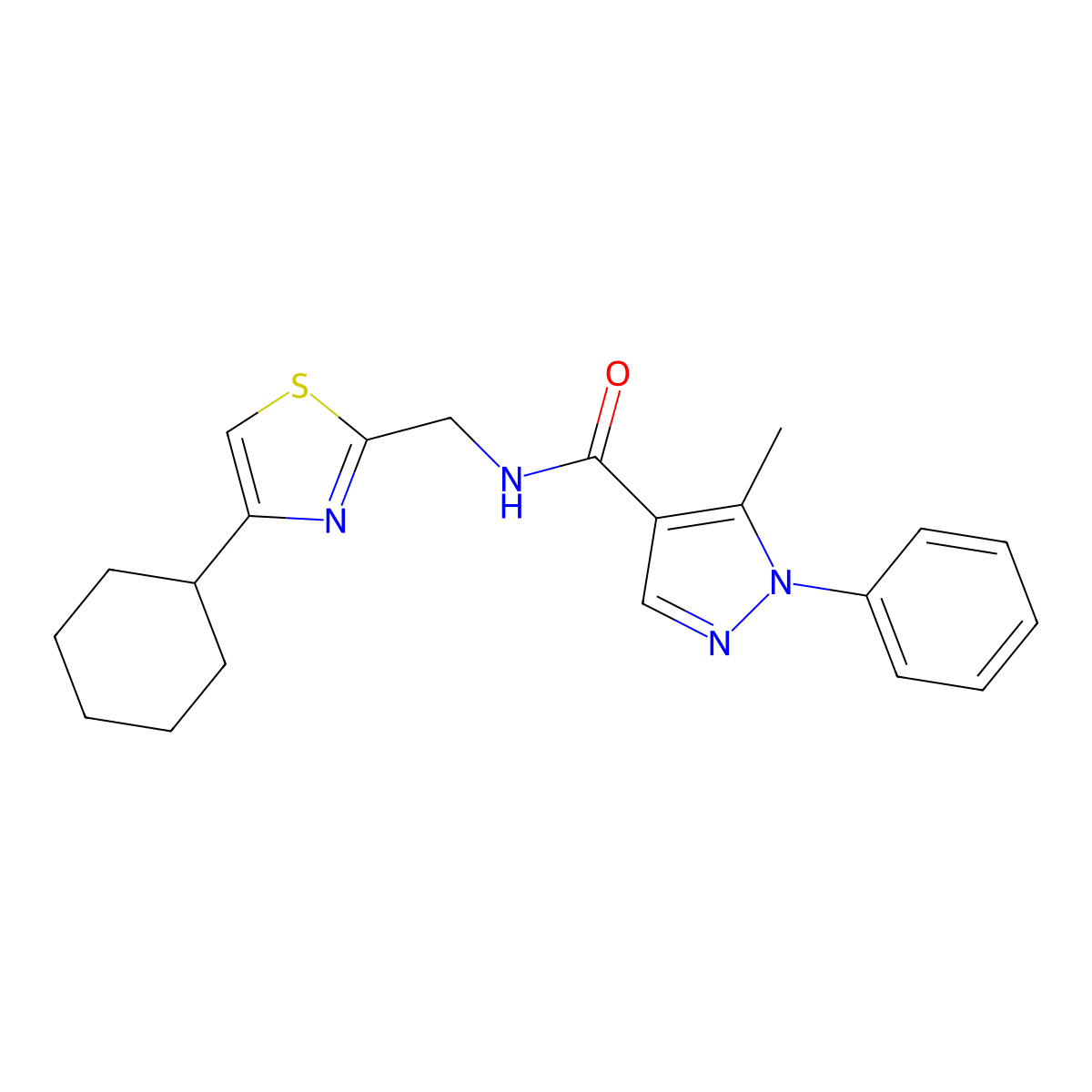 N-((4-cyclohexylthiazol-2-yl)methyl)-5-methyl-1-phenyl-1H-pyrazole-4-carboxamide molecular structure, CAS 2034335-25-4