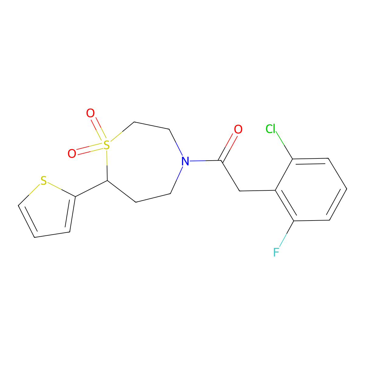 2-(2-Chloro-6-fluorophenyl)-1-(1,1-dioxido-7-(thiophen-2-yl)-1,4-thiazepan-4-yl)ethanone molecular structure, CAS 2034335-26-5