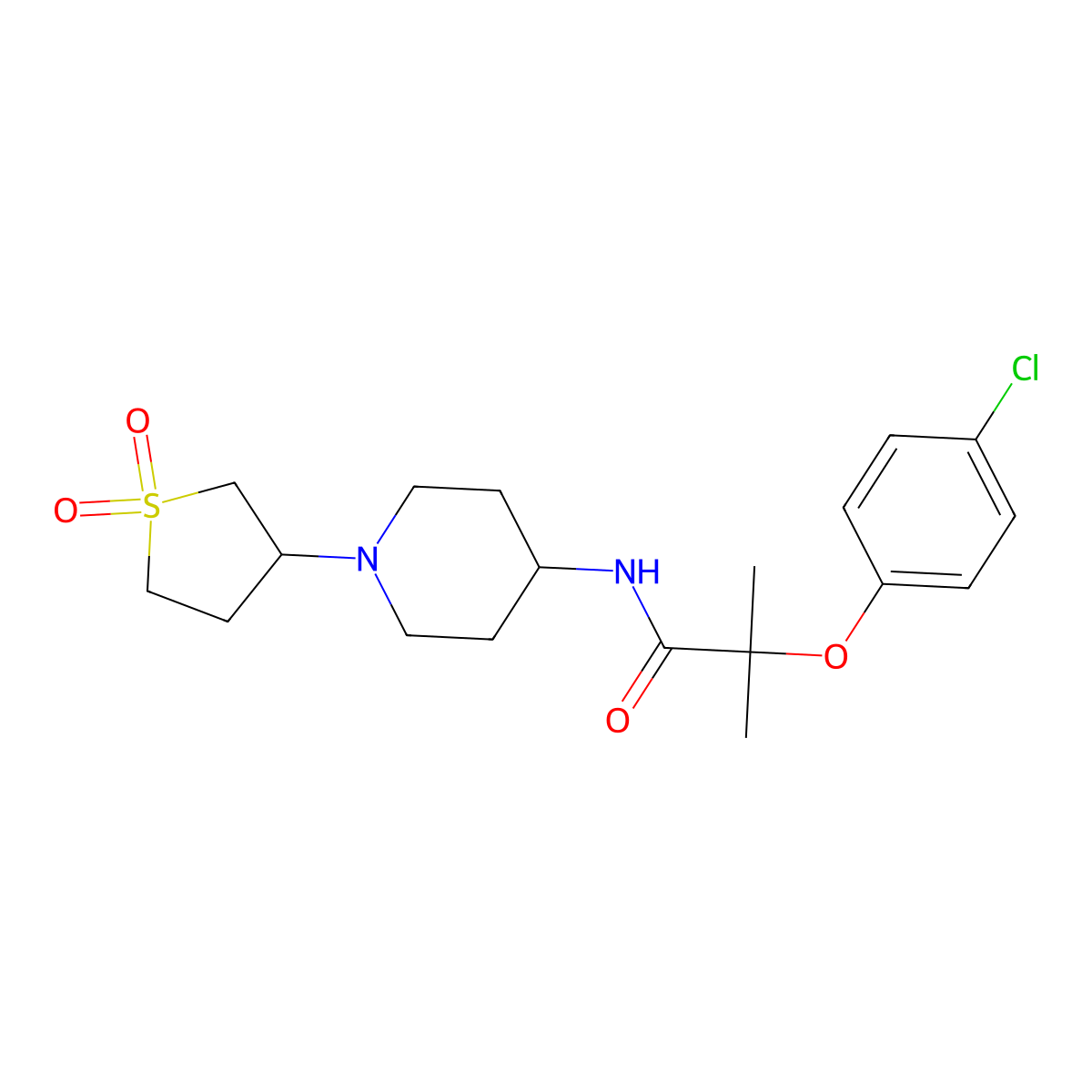 2-(4-chlorophenoxy)-N-(1-(1,1-dioxidotetrahydrothiophen-3-yl)piperidin-4-yl)-2-methylpropanamide molecular structure, CAS 2034335-30-1