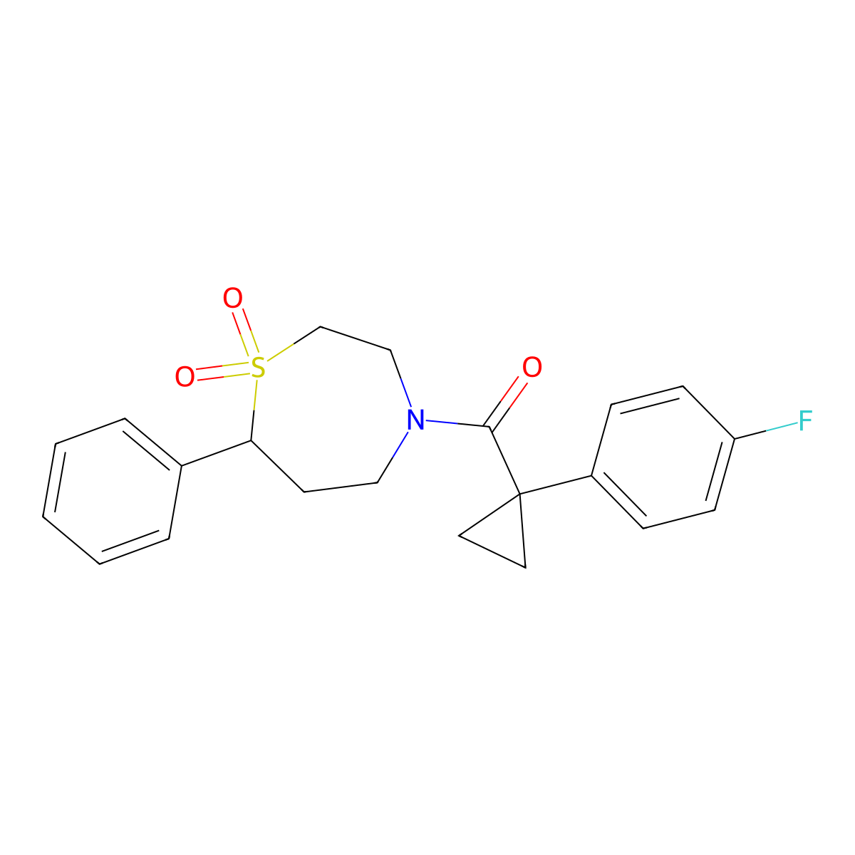 (1,1-Dioxido-7-phenyl-1,4-thiazepan-4-yl)(1-(4-fluorophenyl)cyclopropyl)methanone molecular structure, CAS 2034335-33-4