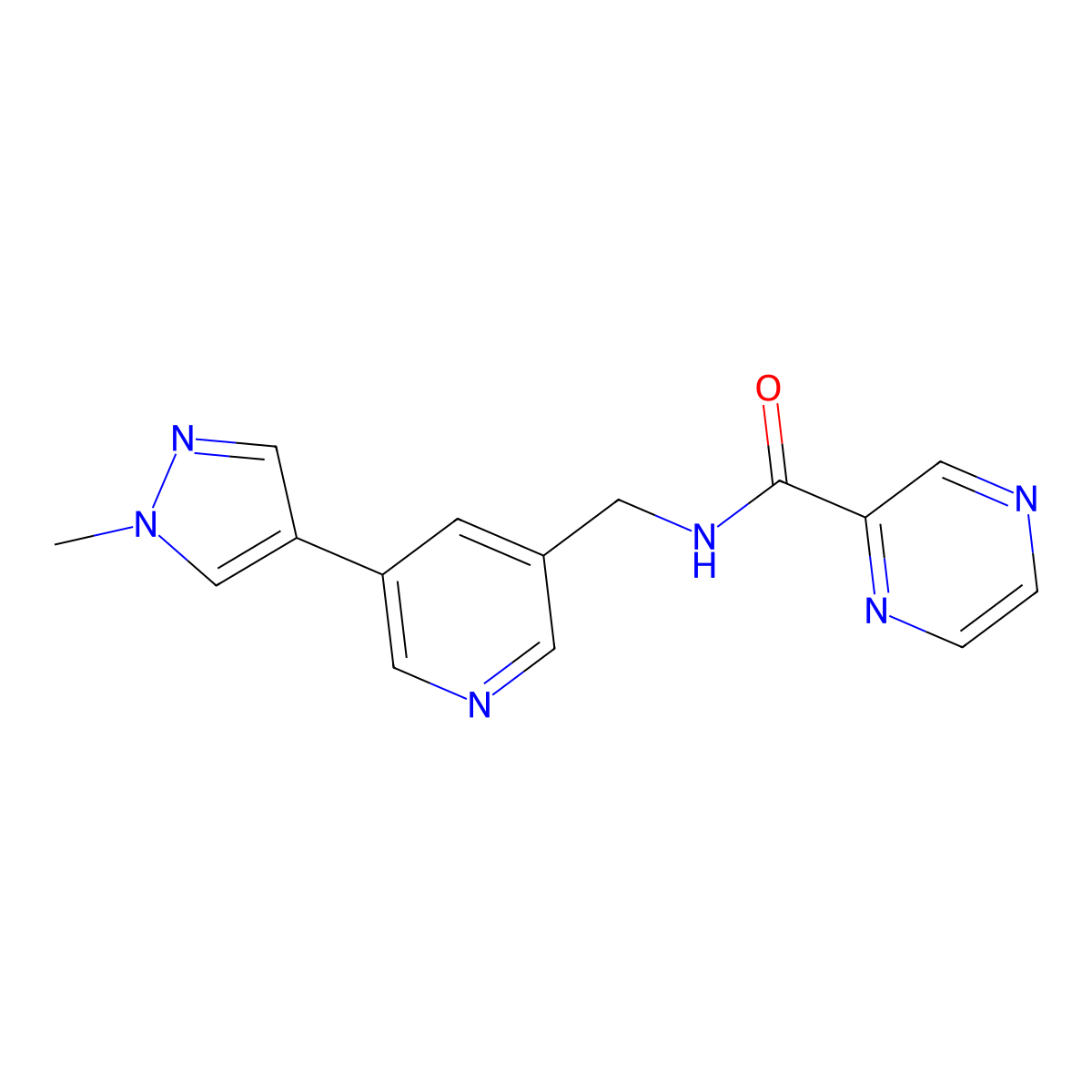 N-((5-(1-methyl-1H-pyrazol-4-yl)pyridin-3-yl)methyl)pyrazine-2-carboxamide molecular structure, CAS 2034335-37-8