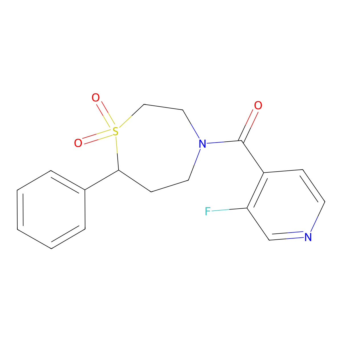 (1,1-Dioxido-7-phenyl-1,4-thiazepan-4-yl)(3-fluoropyridin-4-yl)methanone molecular structure, CAS 2034335-41-4