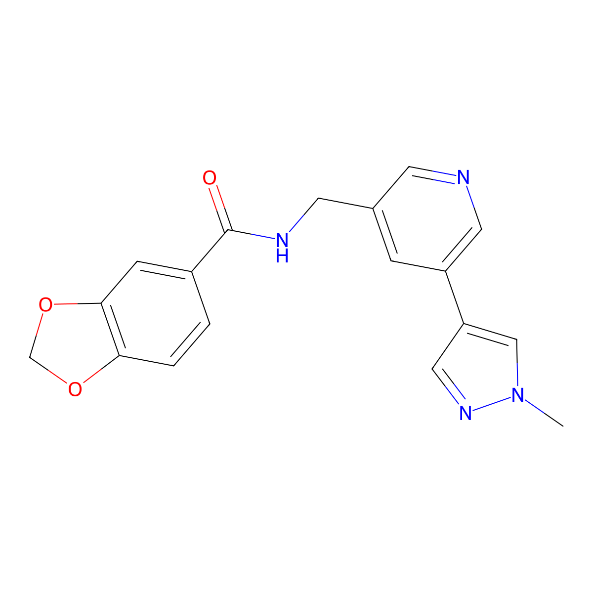 N-((5-(1-methyl-1H-pyrazol-4-yl)pyridin-3-yl)methyl)benzo[d][1,3]dioxole-5-carboxamide molecular structure, CAS 2034335-43-6