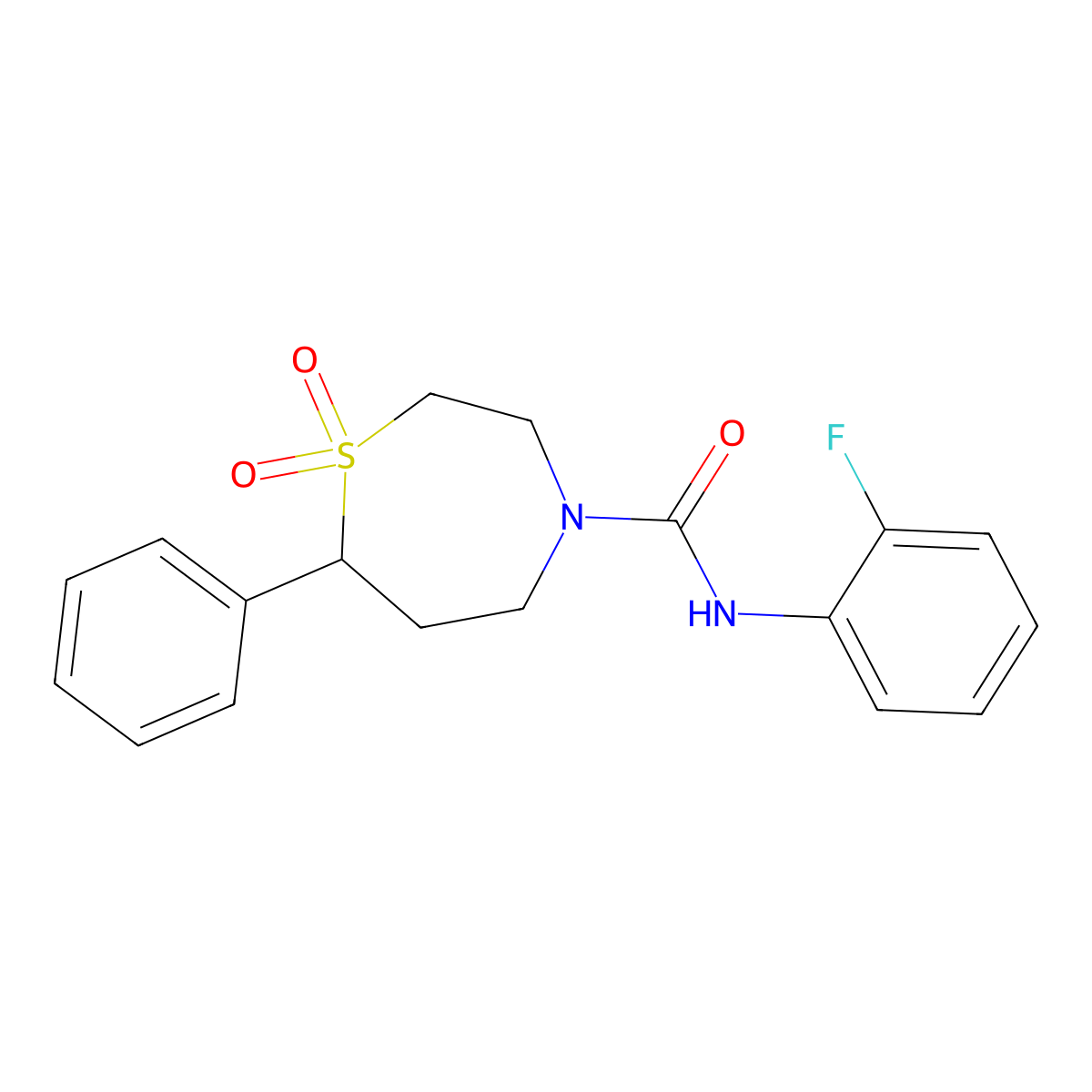 N-(2-fluorophenyl)-7-phenyl-1,4-thiazepane-4-carboxamide 1,1-dioxide molecular structure, CAS 2034335-48-1