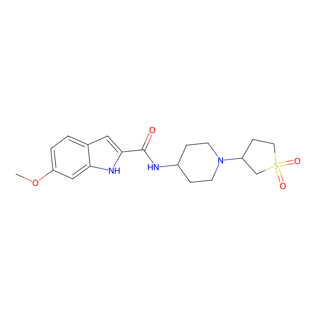 N-(1-(1,1-dioxidotetrahydrothiophen-3-yl)piperidin-4-yl)-6-methoxy-1H-indole-2-carboxamide molecular structure, CAS 2034335-50-5