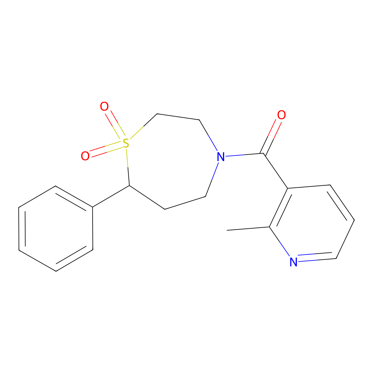(1,1-Dioxido-7-phenyl-1,4-thiazepan-4-yl)(2-methylpyridin-3-yl)methanone molecular structure, CAS 2034335-52-7