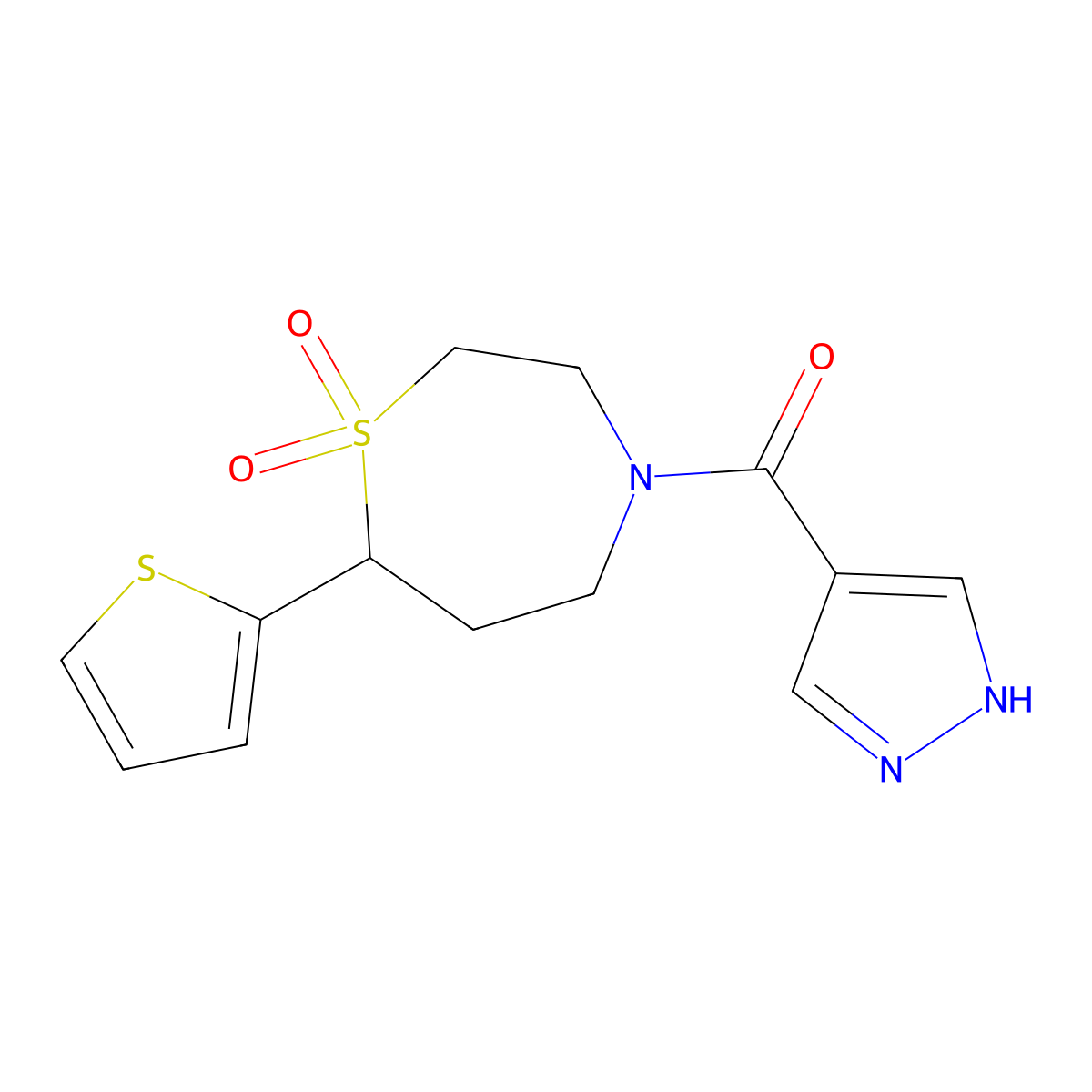 (1,1-dioxido-7-(thiophen-2-yl)-1,4-thiazepan-4-yl)(1H-pyrazol-4-yl)methanone molecular structure, CAS 2034335-53-8