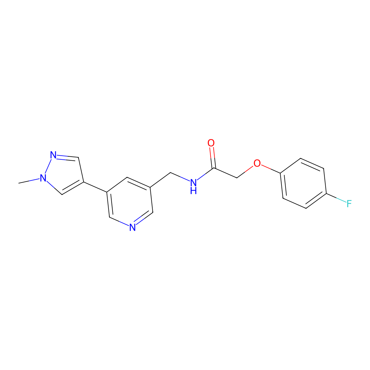 2-(4-fluorophenoxy)-N-((5-(1-methyl-1H-pyrazol-4-yl)pyridin-3-yl)methyl)acetamide molecular structure, CAS 2034335-54-9