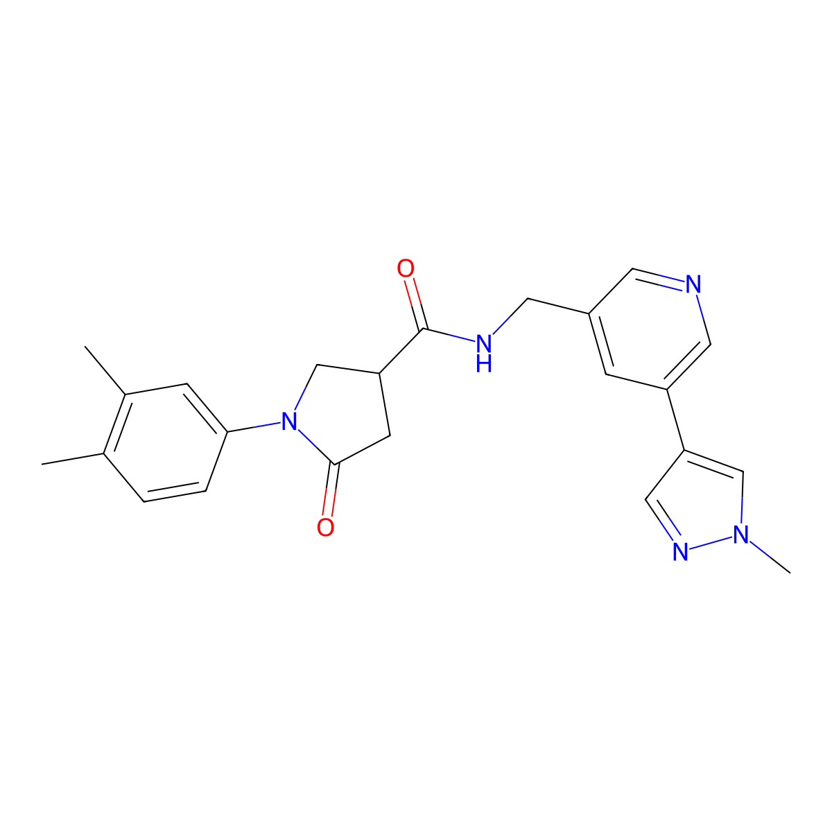 1-(3,4-dimethylphenyl)-N-{[5-(1-methyl-1H-pyrazol-4-yl)pyridin-3-yl]methyl}-5-oxopyrrolidine-3-carboxamide molecular structure, CAS 2034335-68-5
