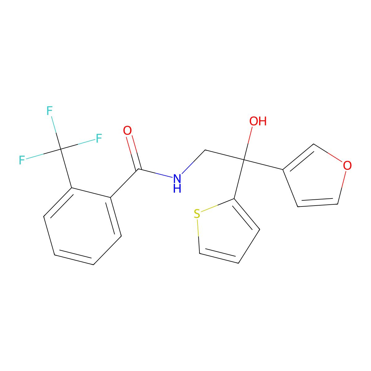 N-(2-(furan-3-yl)-2-hydroxy-2-(thiophen-2-yl)ethyl)-2-(trifluoromethyl)benzamide molecular structure, CAS 2034335-74-3