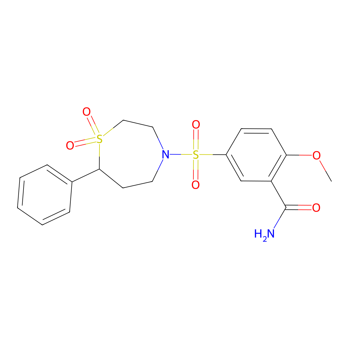 5-[(1,1-Dioxo-7-phenyl-1lambda6,4-thiazepan-4-yl)sulfonyl]-2-methoxybenzamide molecular structure, CAS 2034335-77-6