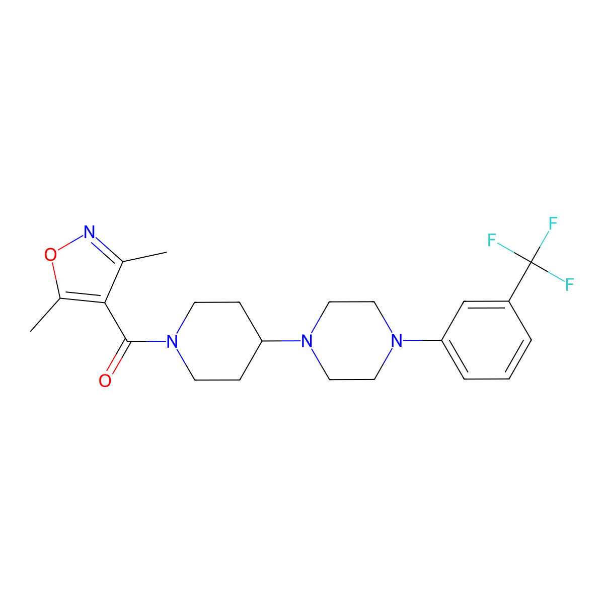 (3,5-Dimethylisoxazol-4-yl)(4-(4-(3-(trifluoromethyl)phenyl)piperazin-1-yl)piperidin-1-yl)methanone molecular structure, CAS 2034335-78-7