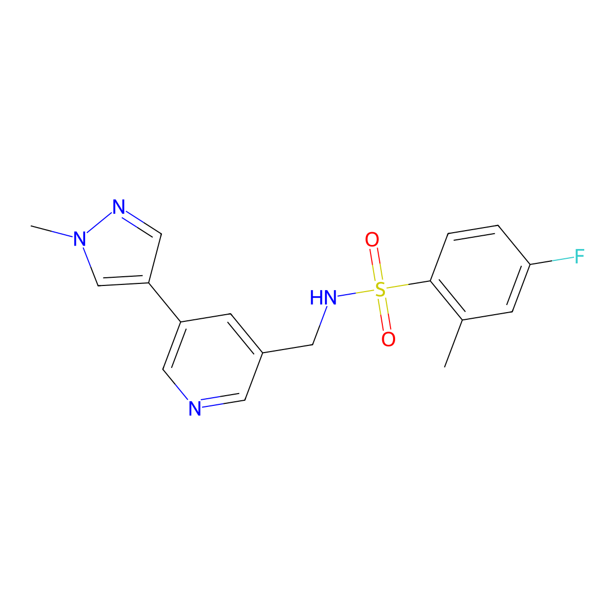 4-fluoro-2-methyl-N-((5-(1-methyl-1H-pyrazol-4-yl)pyridin-3-yl)methyl)benzenesulfonamide molecular structure, CAS 2034335-80-1