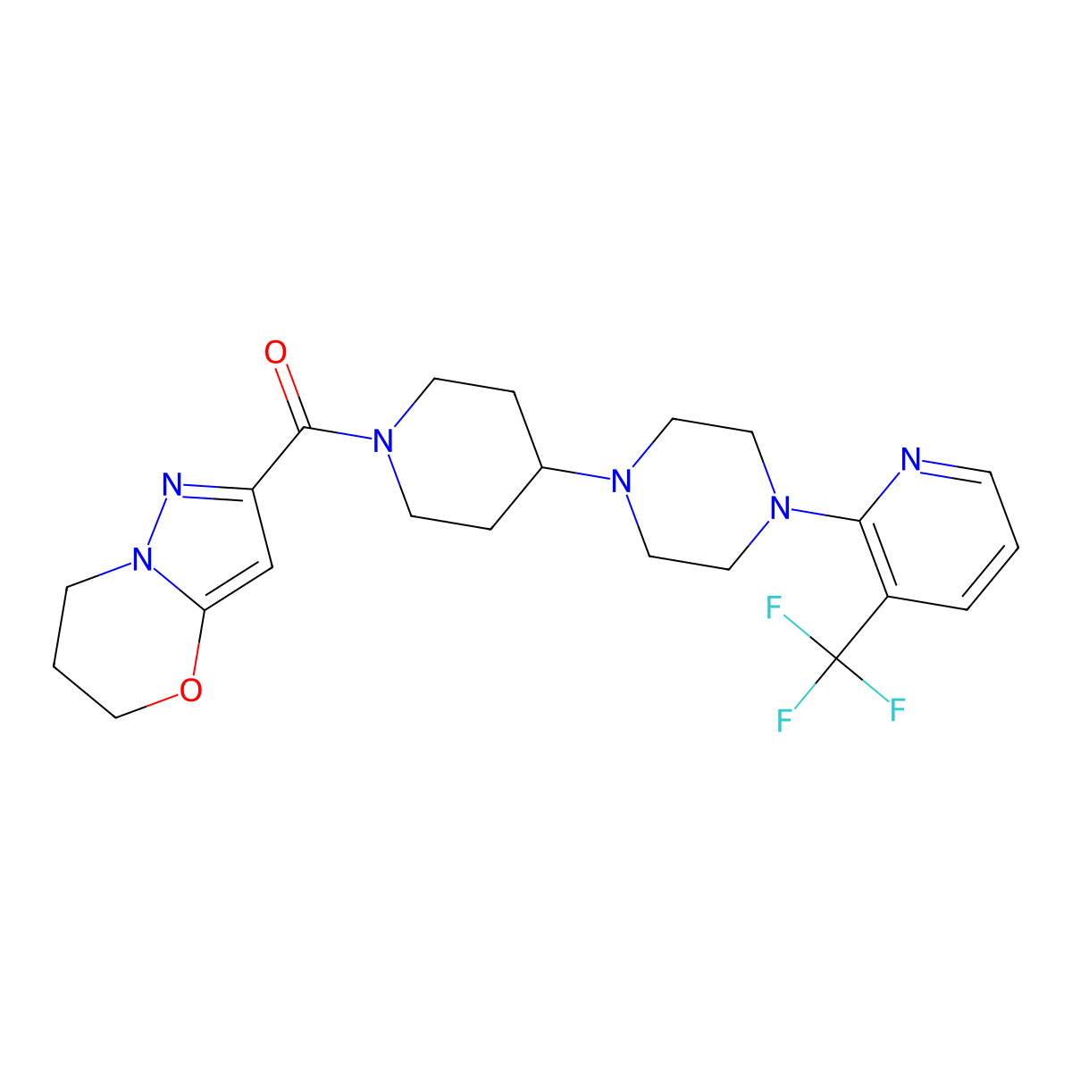 (6,7-dihydro-5H-pyrazolo[5,1-b][1,3]oxazin-2-yl)(4-(4-(3-(trifluoromethyl)pyridin-2-yl)piperazin-1-yl)piperidin-1-yl)methanone molecular structure, CAS 2034335-82-3