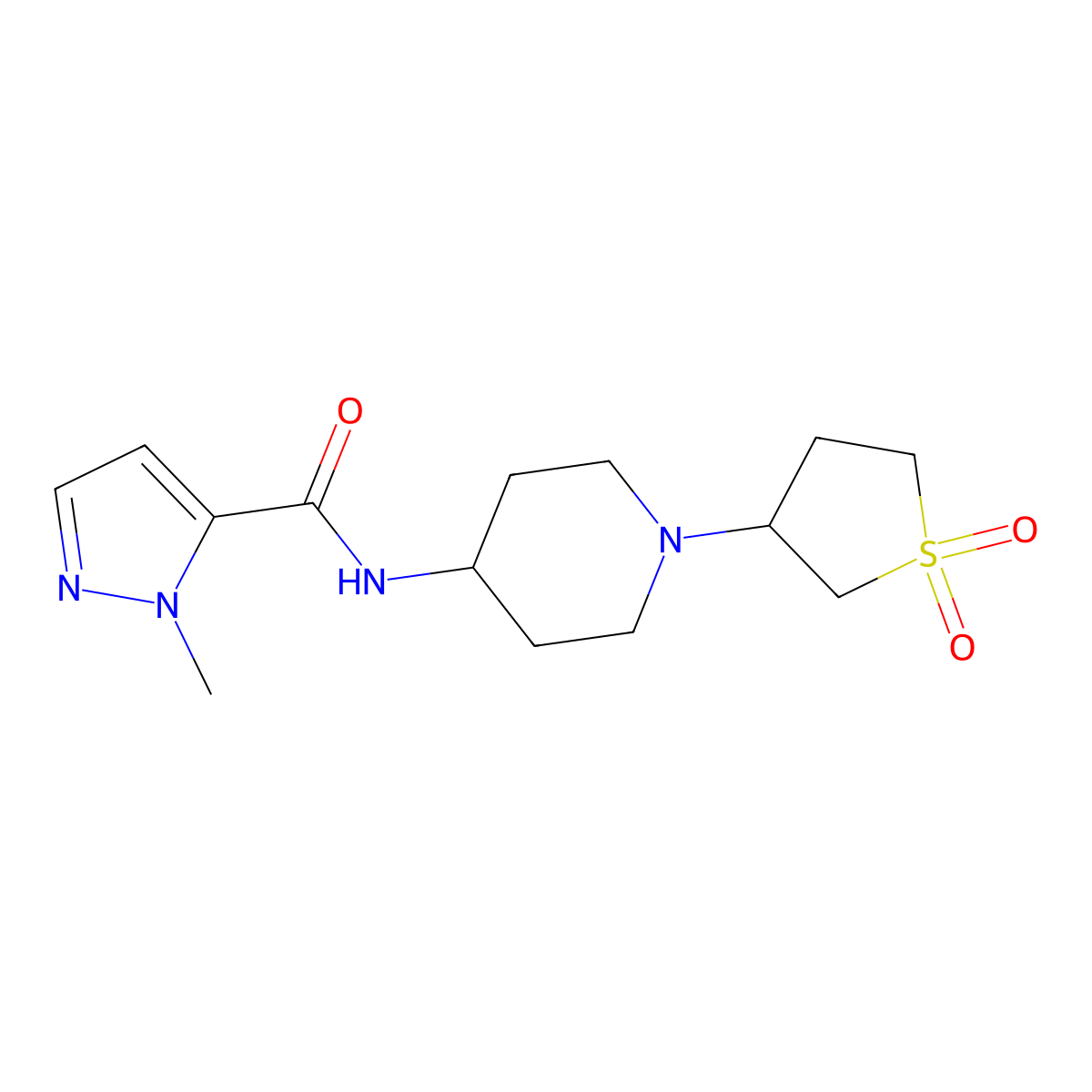N-(1-(1,1-dioxidotetrahydrothiophen-3-yl)piperidin-4-yl)-1-methyl-1H-pyrazole-5-carboxamide molecular structure, CAS 2034335-86-7