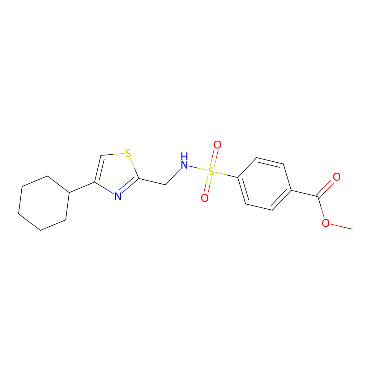 methyl 4-(N-((4-cyclohexylthiazol-2-yl)methyl)sulfamoyl)benzoate molecular structure, CAS 2034335-92-5