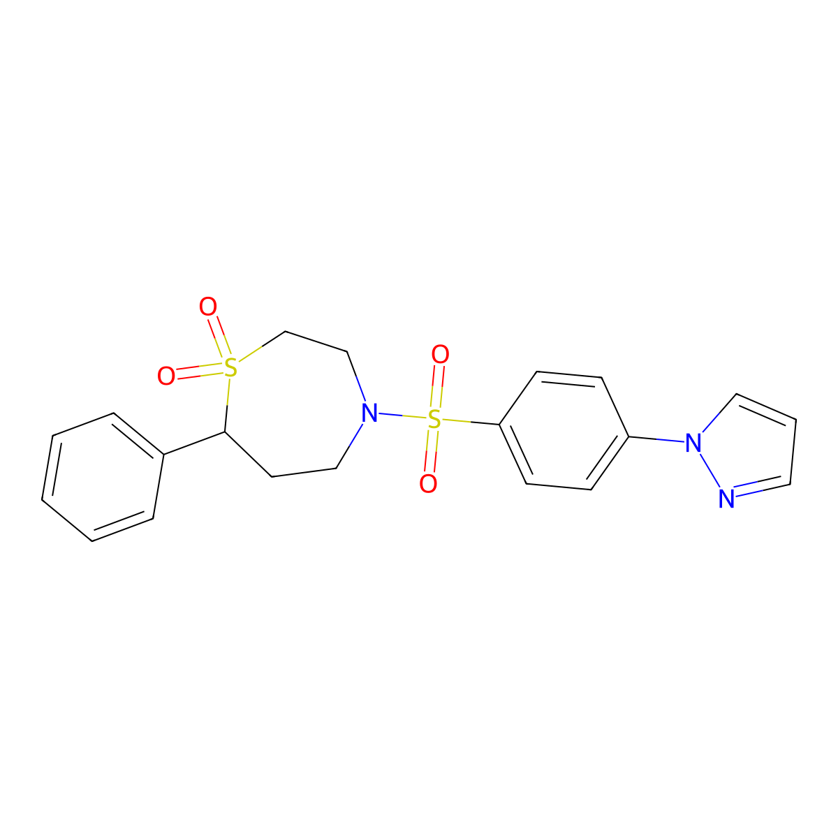 4-((4-(1H-pyrazol-1-yl)phenyl)sulfonyl)-7-phenyl-1,4-thiazepane 1,1-dioxide molecular structure, CAS 2034335-94-7
