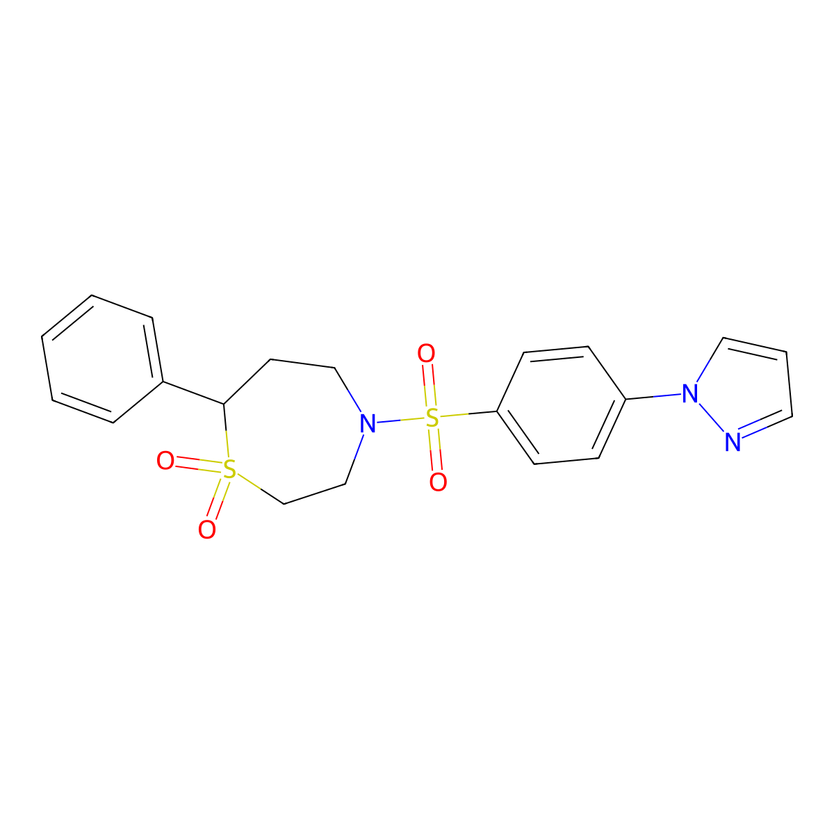 4-((4-(1H-pyrazol-1-yl)phenyl)sulfonyl)-7-phenyl-1,4-thiazepane 1,1-dioxide molecular structure, CAS 2034335-94-7