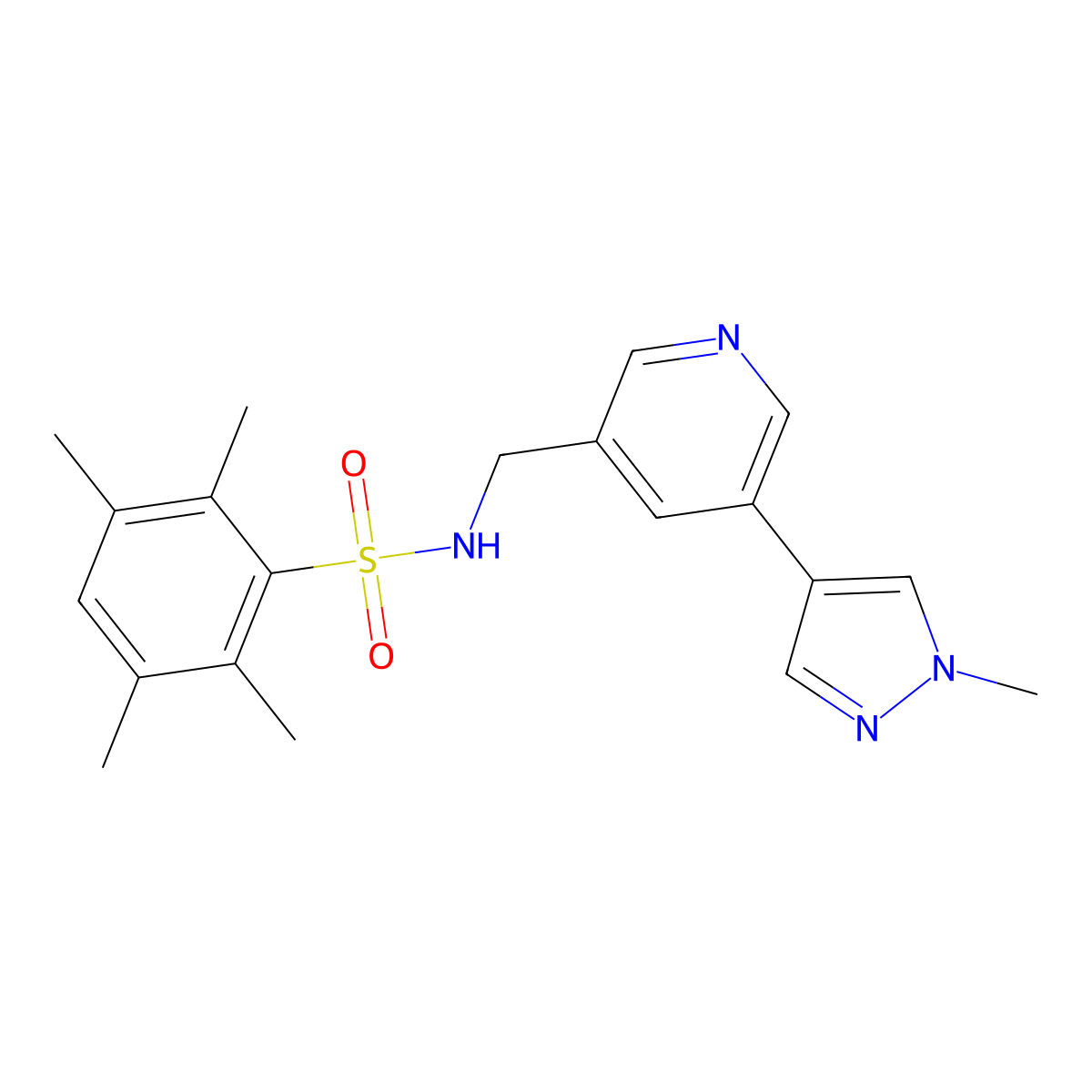 2,3,5,6-tetramethyl-N-((5-(1-methyl-1H-pyrazol-4-yl)pyridin-3-yl)methyl)benzenesulfonamide molecular structure, CAS 2034336-00-8