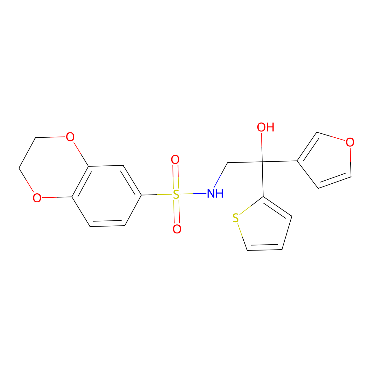 N-[2-(furan-3-yl)-2-hydroxy-2-(thiophen-2-yl)ethyl]-2,3-dihydro-1,4-benzodioxine-6-sulfonamide molecular structure, CAS 2034336-01-9