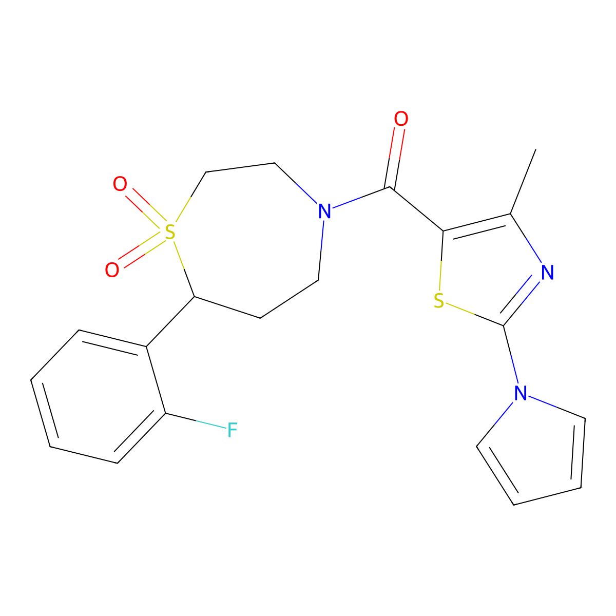 (7-(2-fluorophenyl)-1,1-dioxido-1,4-thiazepan-4-yl)(4-methyl-2-(1H-pyrrol-1-yl)thiazol-5-yl)methanone molecular structure, CAS 2034336-05-3