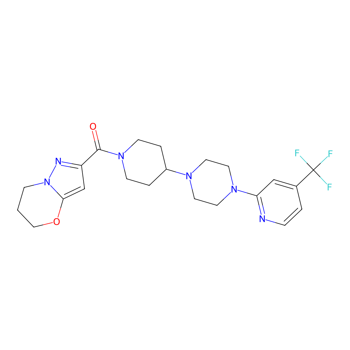 (6,7-dihydro-5H-pyrazolo[5,1-b][1,3]oxazin-2-yl)(4-(4-(4-(trifluoromethyl)pyridin-2-yl)piperazin-1-yl)piperidin-1-yl)methanone molecular structure, CAS 2034336-10-0