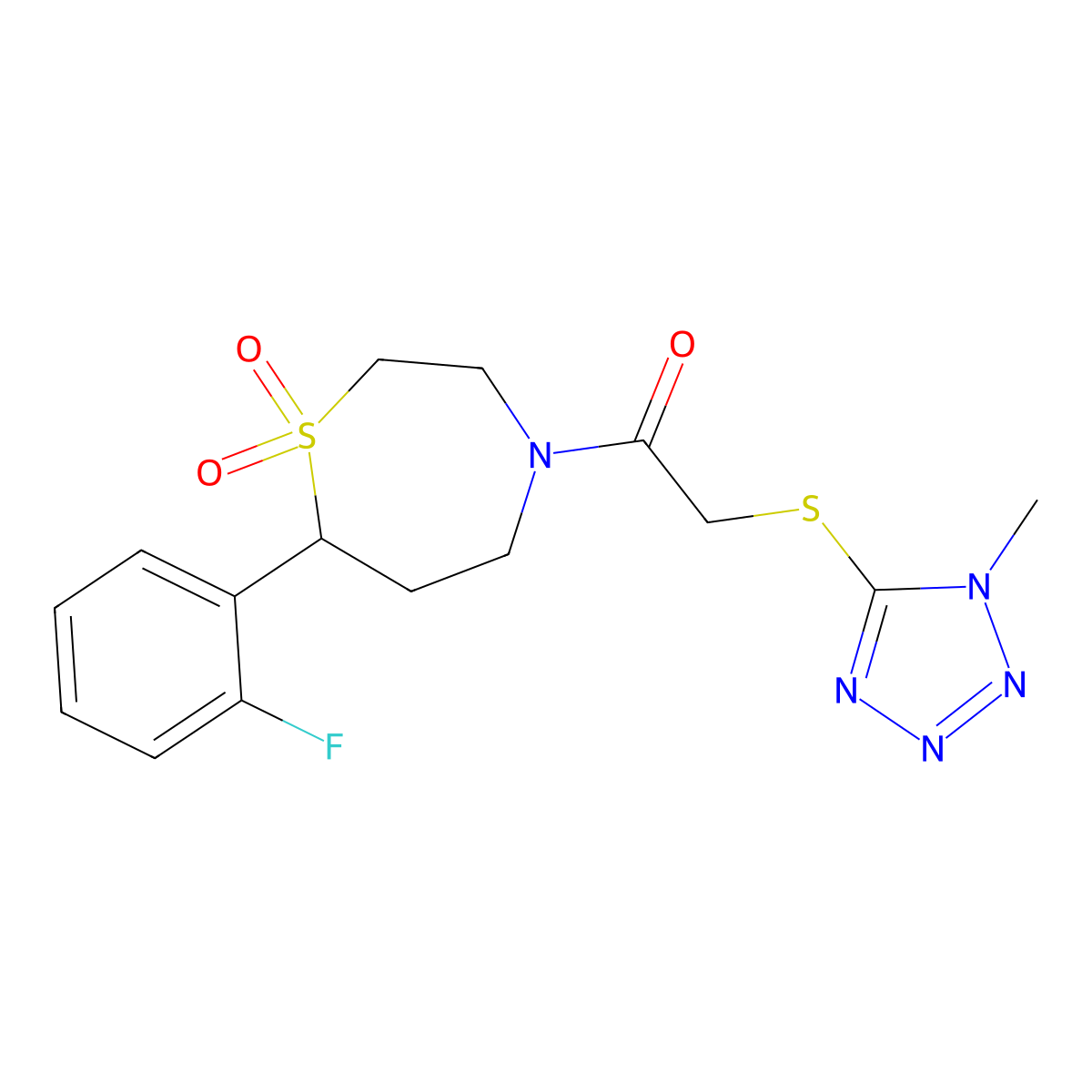 1-(7-(2-fluorophenyl)-1,1-dioxido-1,4-thiazepan-4-yl)-2-((1-methyl-1H-tetrazol-5-yl)thio)ethanone molecular structure, CAS 2034336-11-1