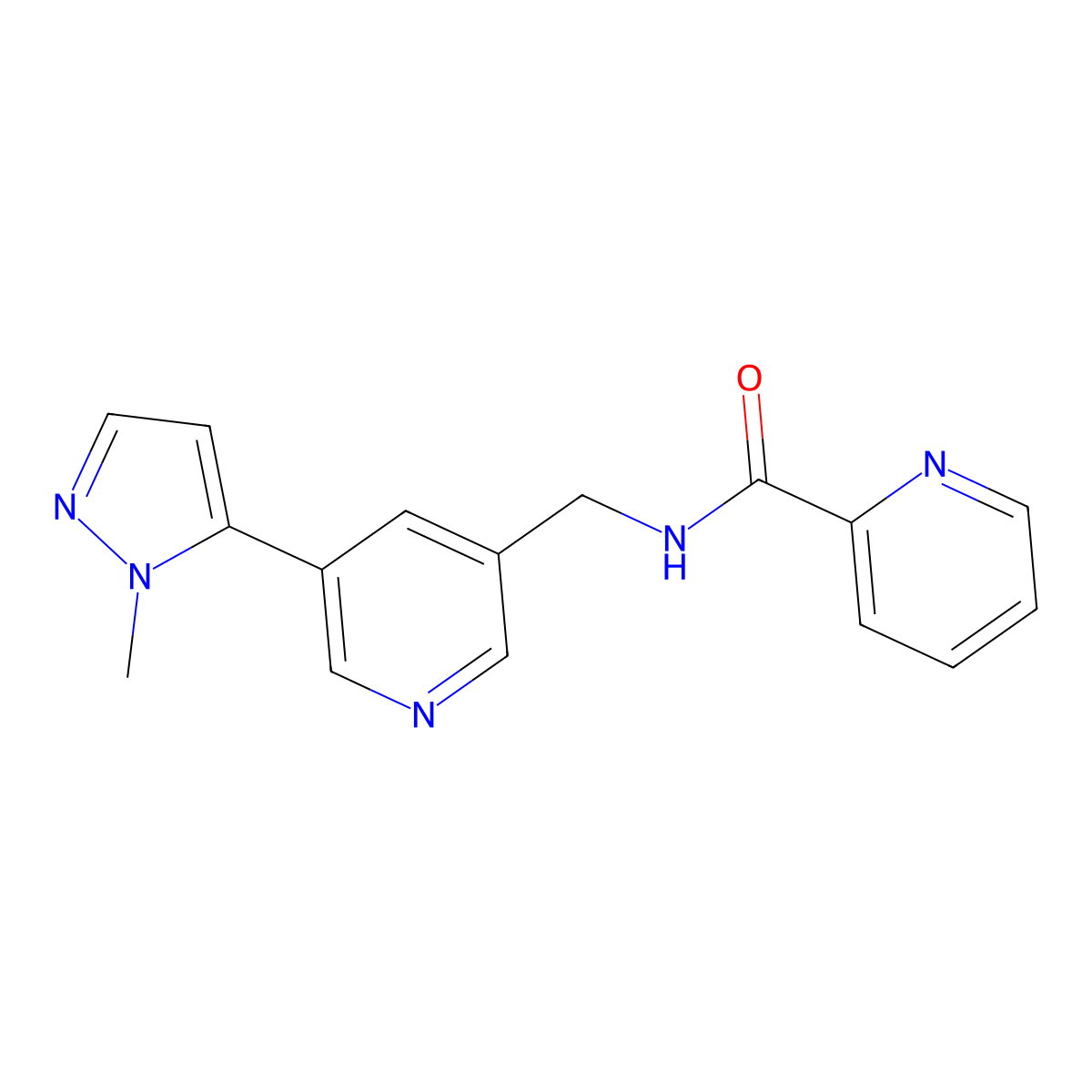 N-((5-(1-methyl-1H-pyrazol-5-yl)pyridin-3-yl)methyl)picolinamide molecular structure, CAS 2034336-16-6