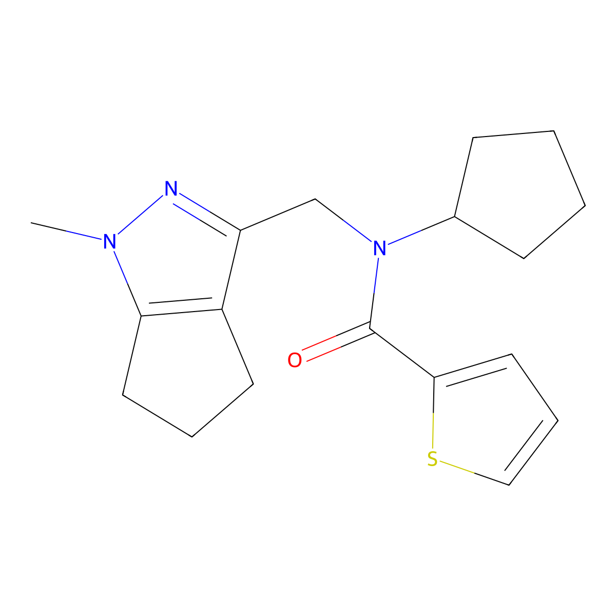 N-cyclopentyl-N-((1-methyl-1,4,5,6-tetrahydrocyclopenta[c]pyrazol-3-yl)methyl)thiophene-2-carboxamide molecular structure, CAS 2034336-18-8