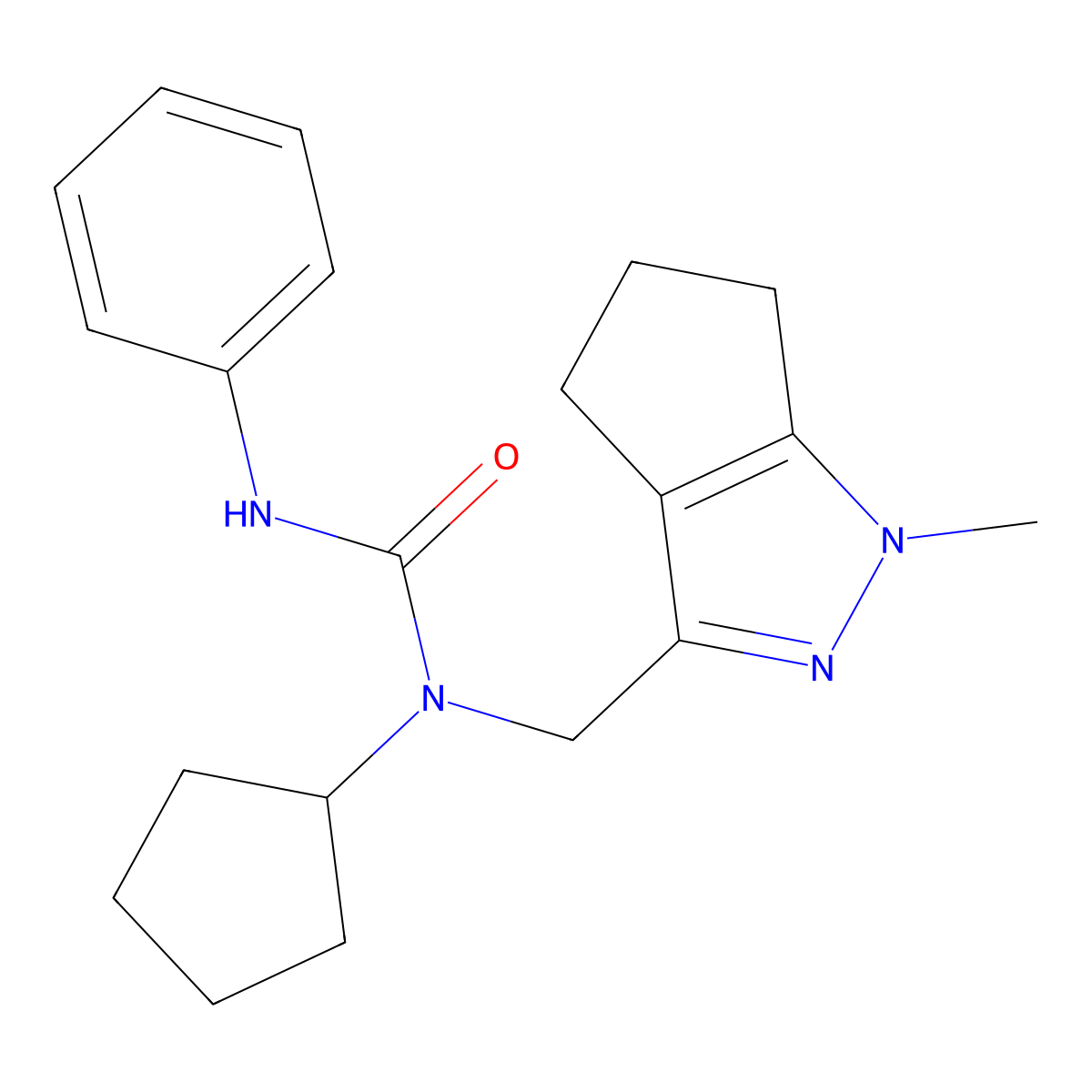 1-Cyclopentyl-1-((1-methyl-1,4,5,6-tetrahydrocyclopenta[c]pyrazol-3-yl)methyl)-3-phenylurea molecular structure, CAS 2034336-22-4
