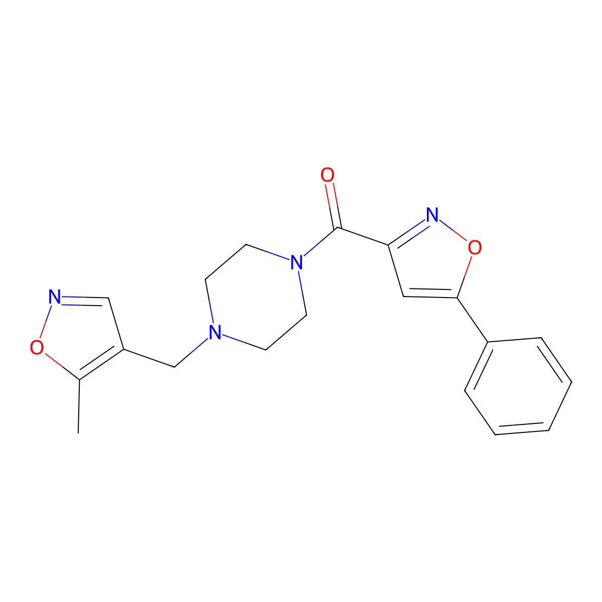 (4-((5-Methylisoxazol-4-yl)methyl)piperazin-1-yl)(5-phenylisoxazol-3-yl)methanone molecular structure, CAS 2034336-26-8