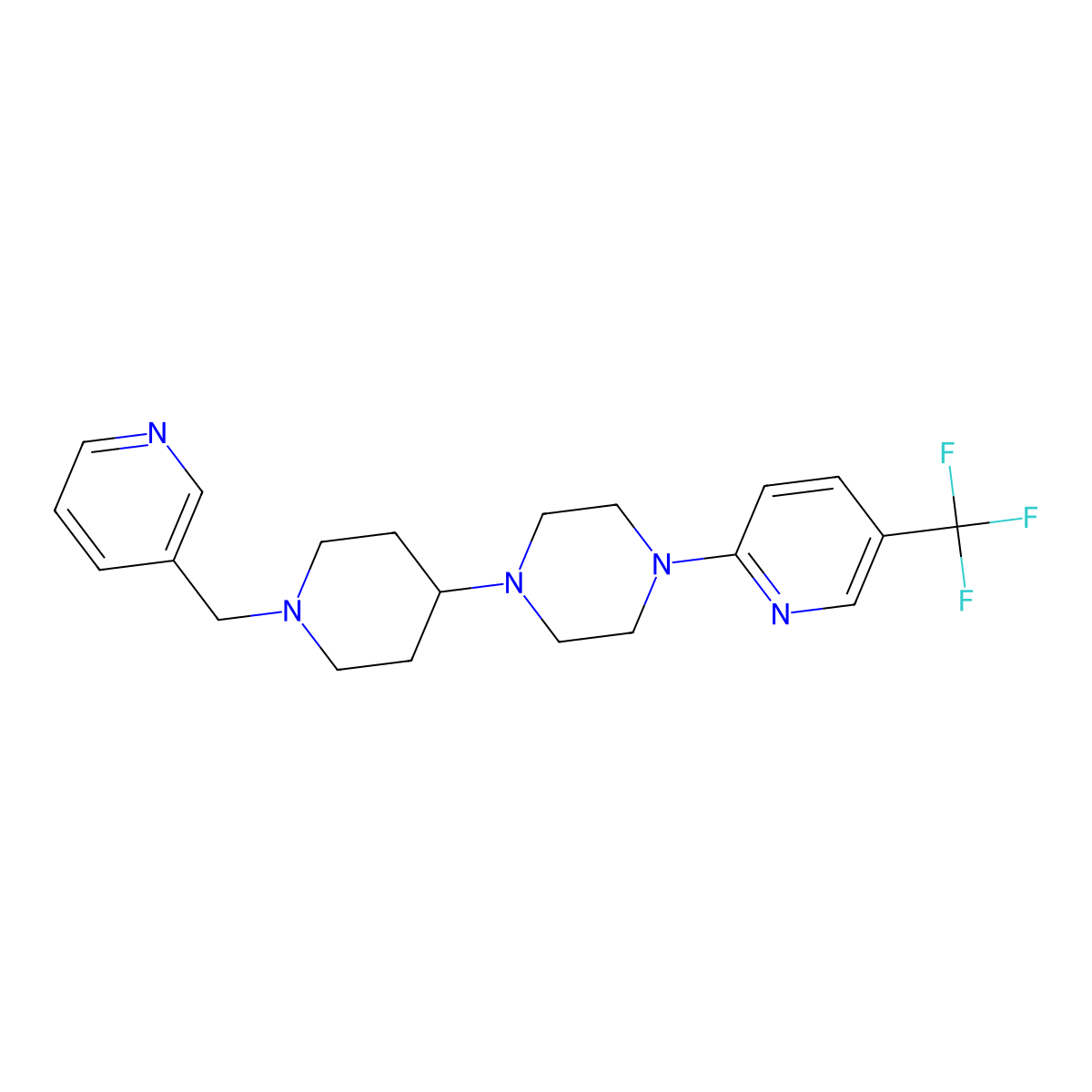 1-(1-(Pyridin-3-ylmethyl)piperidin-4-yl)-4-(5-(trifluoromethyl)pyridin-2-yl)piperazine molecular structure, CAS 2034336-30-4