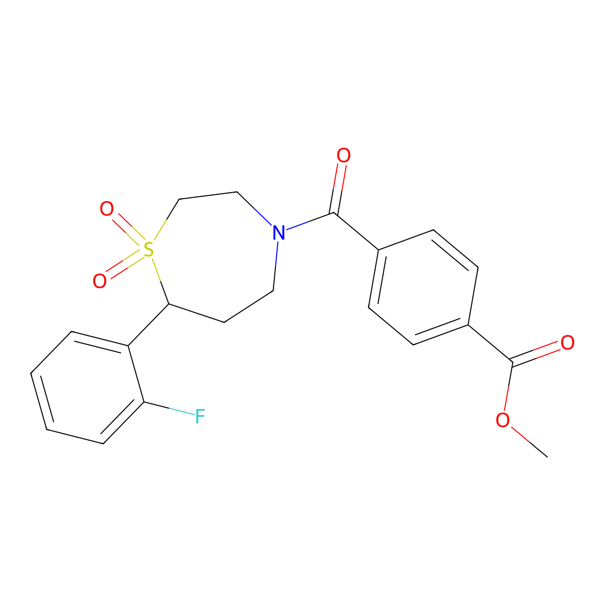 Methyl 4-(7-(2-fluorophenyl)-1,1-dioxido-1,4-thiazepane-4-carbonyl)benzoate molecular structure, CAS 2034336-32-6