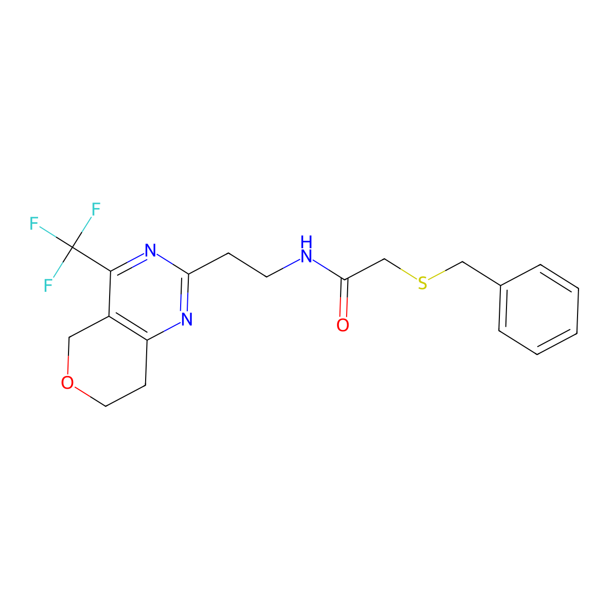 2-(benzylthio)-N-(2-(4-(trifluoromethyl)-7,8-dihydro-5H-pyrano[4,3-d]pyrimidin-2-yl)ethyl)acetamide molecular structure, CAS 2034336-37-1