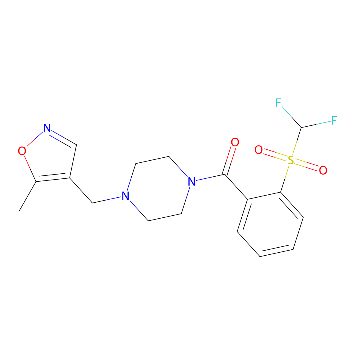 (2-((Difluoromethyl)sulfonyl)phenyl)(4-((5-methylisoxazol-4-yl)methyl)piperazin-1-yl)methanone molecular structure, CAS 2034336-39-3
