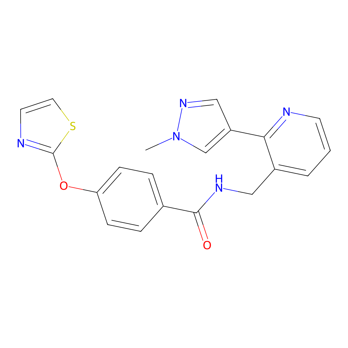 N-((2-(1-methyl-1H-pyrazol-4-yl)pyridin-3-yl)methyl)-4-(thiazol-2-yloxy)benzamide molecular structure, CAS 2034336-40-6