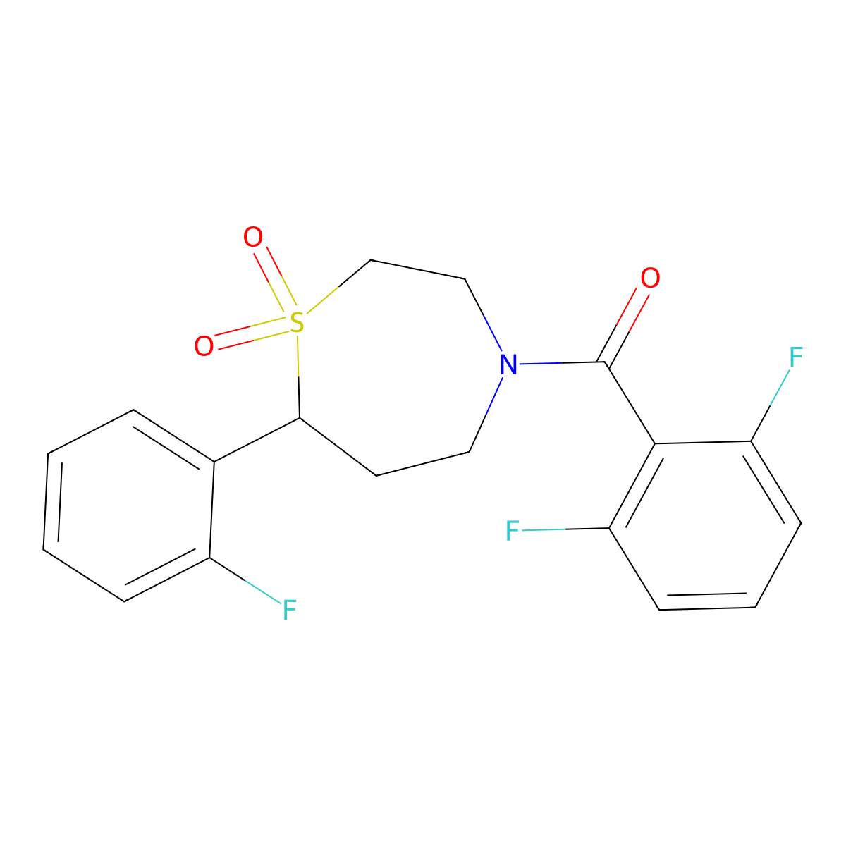 (2,6-Difluorophenyl)(7-(2-fluorophenyl)-1,1-dioxido-1,4-thiazepan-4-yl)methanone molecular structure, CAS 2034336-43-9