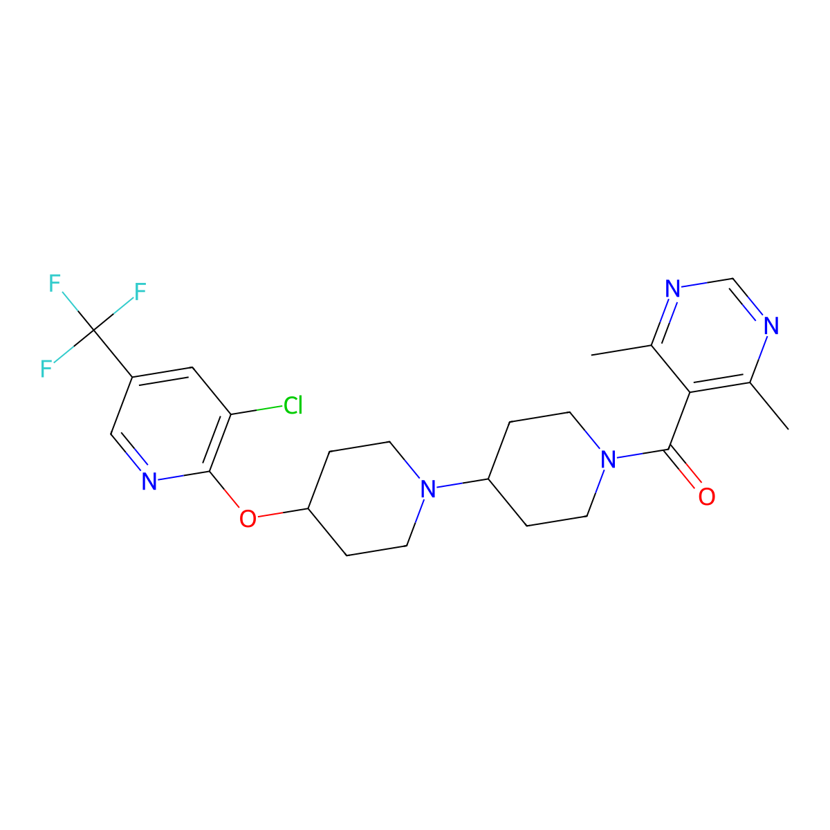 (4-((3-Chloro-5-(trifluoromethyl)pyridin-2-yl)oxy)-[1,4'-bipiperidin]-1'-yl)(4,6-dimethylpyrimidin-5-yl)methanone molecular structure, CAS 2034336-46-2