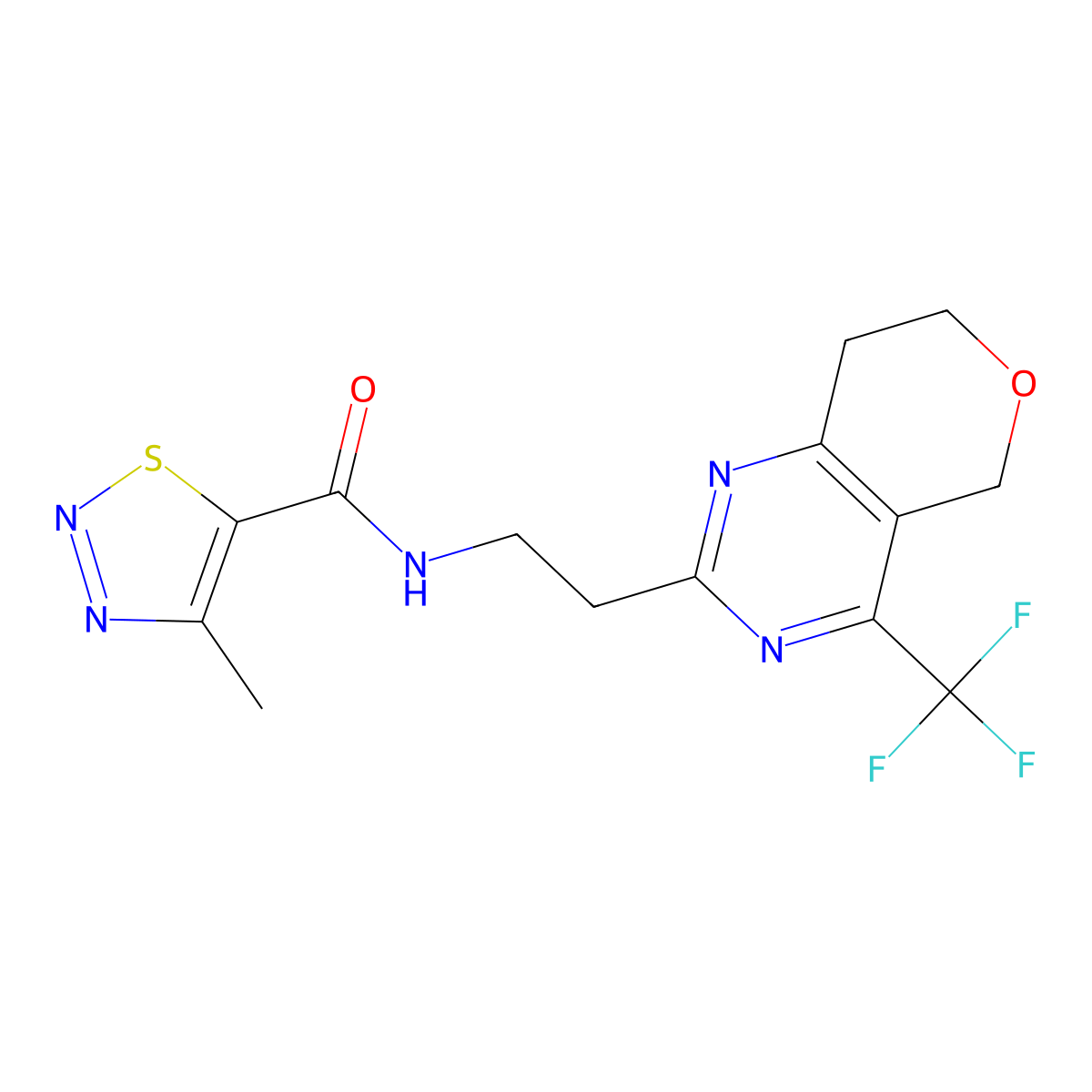 4-methyl-N-(2-(4-(trifluoromethyl)-7,8-dihydro-5H-pyrano[4,3-d]pyrimidin-2-yl)ethyl)-1,2,3-thiadiazole-5-carboxamide molecular structure, CAS 2034336-49-5