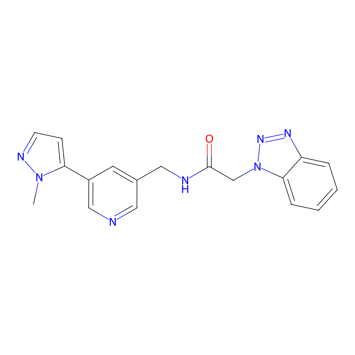 2-(1H-benzo[d][1,2,3]triazol-1-yl)-N-((5-(1-methyl-1H-pyrazol-5-yl)pyridin-3-yl)methyl)acetamide molecular structure, CAS 2034336-50-8