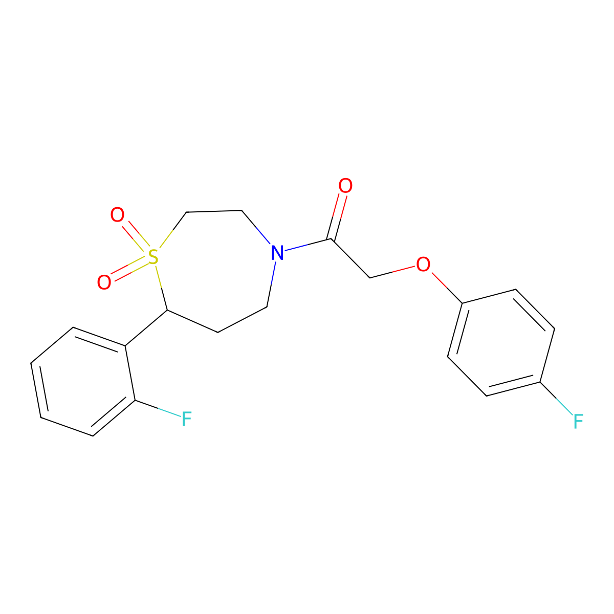 2-(4-Fluorophenoxy)-1-(7-(2-fluorophenyl)-1,1-dioxido-1,4-thiazepan-4-yl)ethanone molecular structure, CAS 2034336-53-1
