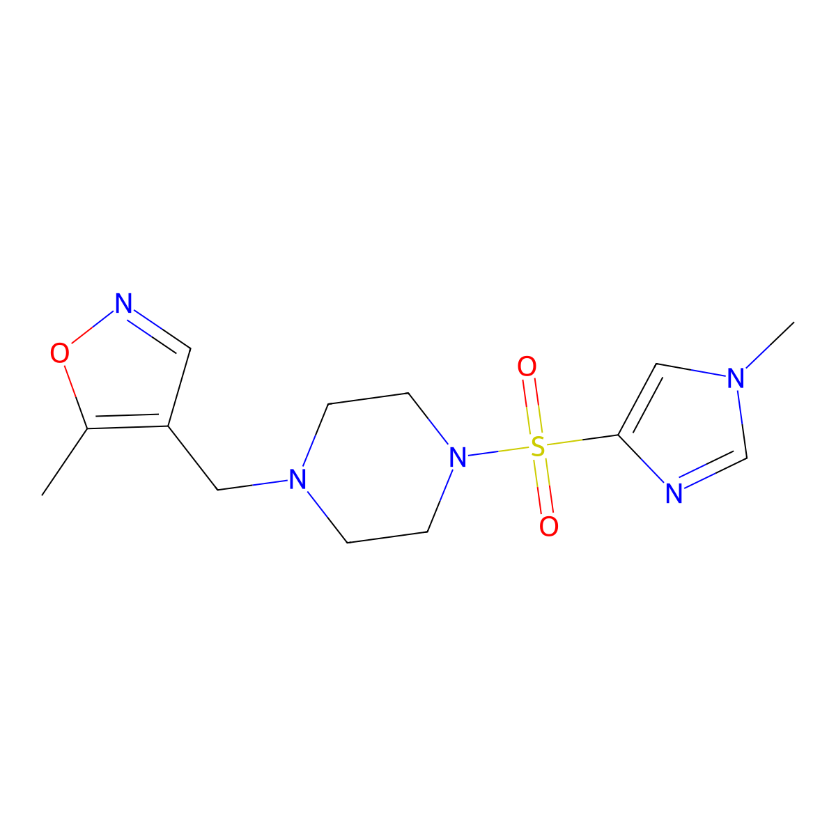 5-methyl-4-((4-((1-methyl-1H-imidazol-4-yl)sulfonyl)piperazin-1-yl)methyl)isoxazole molecular structure, CAS 2034336-54-2