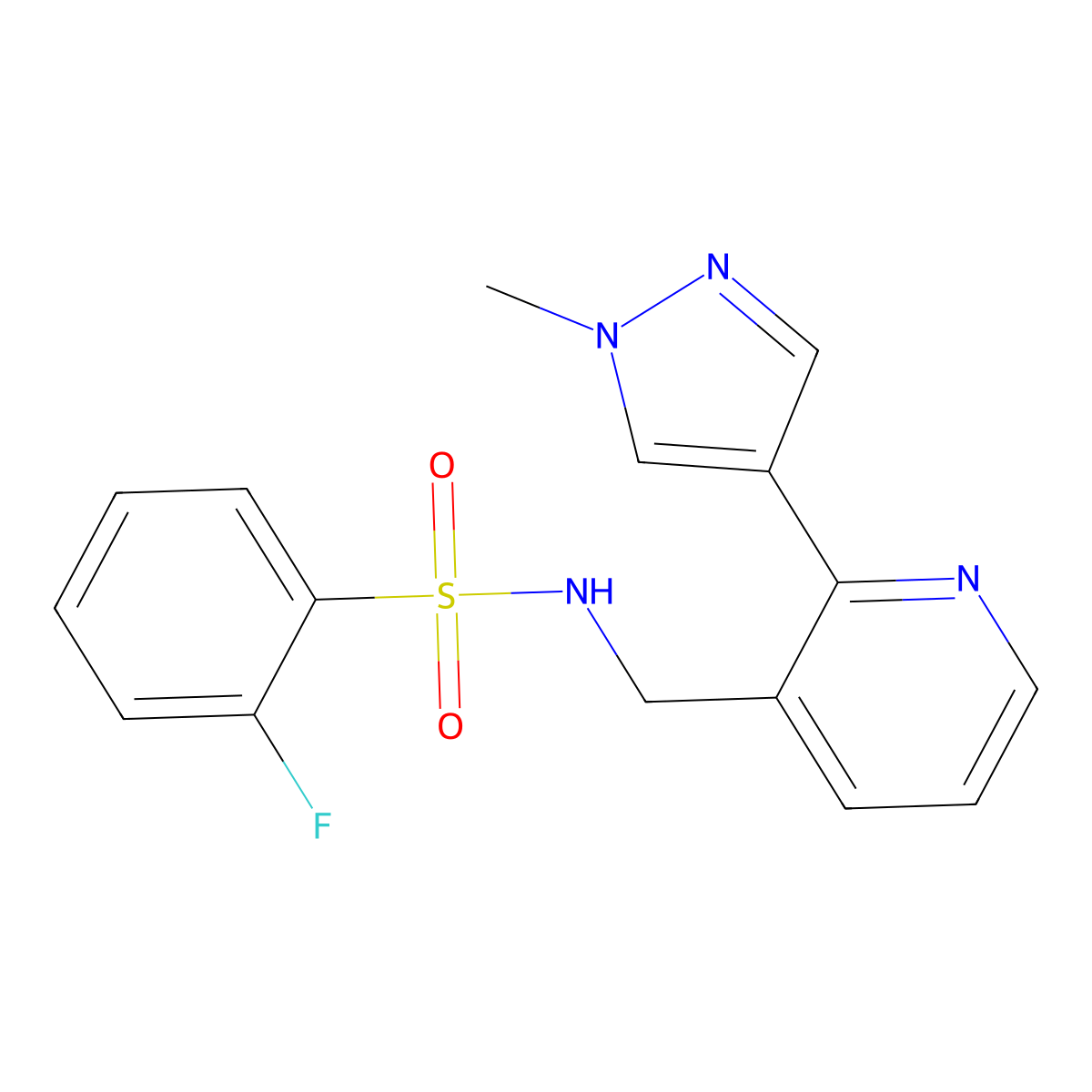 2-fluoro-N-((2-(1-methyl-1H-pyrazol-4-yl)pyridin-3-yl)methyl)benzenesulfonamide molecular structure, CAS 2034336-57-5