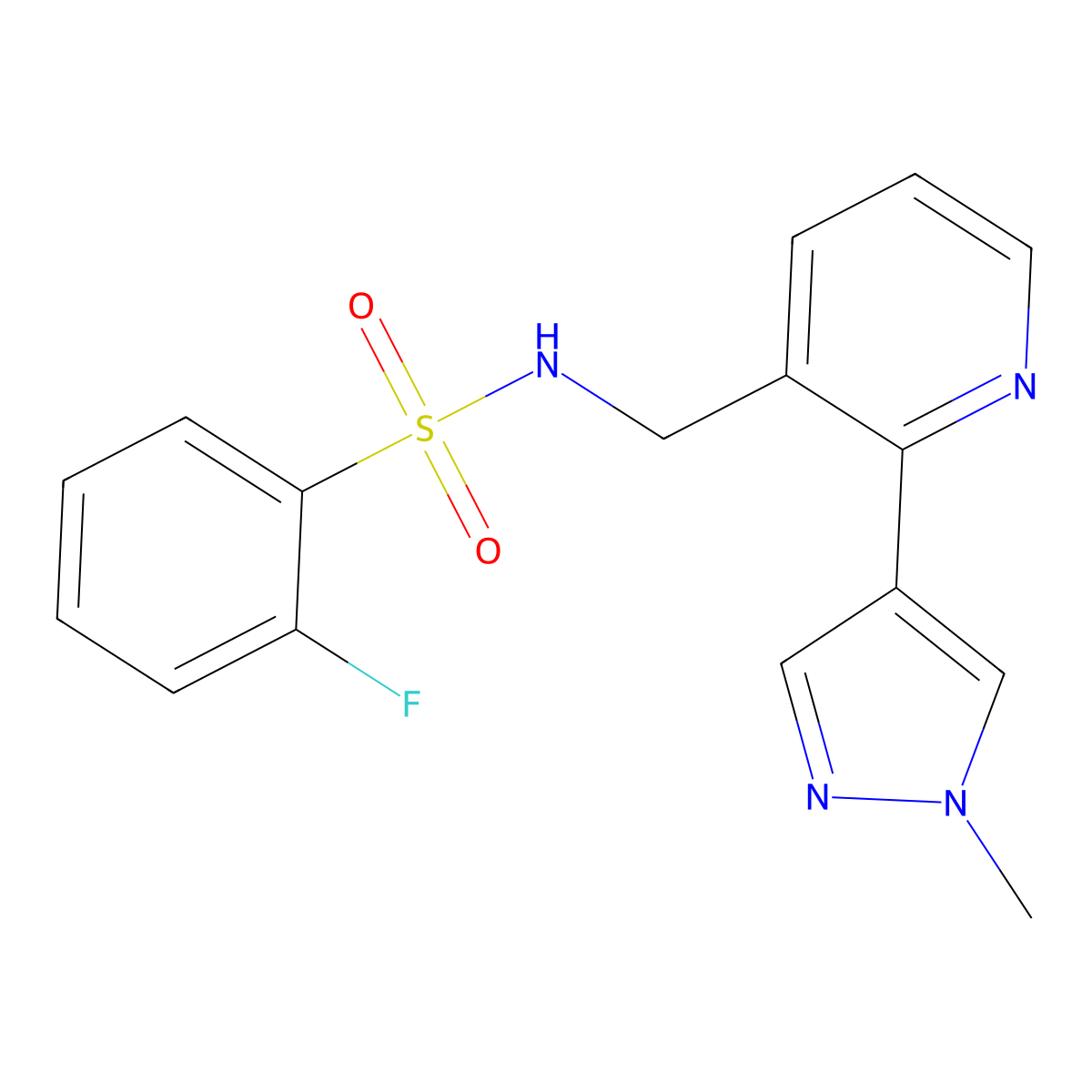 2-fluoro-N-((2-(1-methyl-1H-pyrazol-4-yl)pyridin-3-yl)methyl)benzenesulfonamide molecular structure, CAS 2034336-57-5