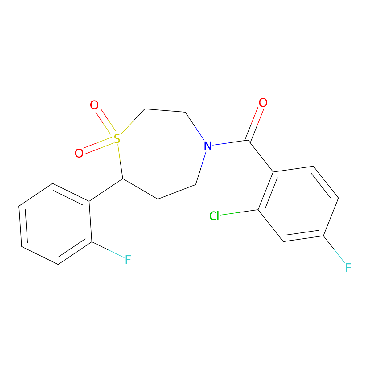 (2-Chloro-4-fluorophenyl)(7-(2-fluorophenyl)-1,1-dioxido-1,4-thiazepan-4-yl)methanone molecular structure, CAS 2034336-60-0