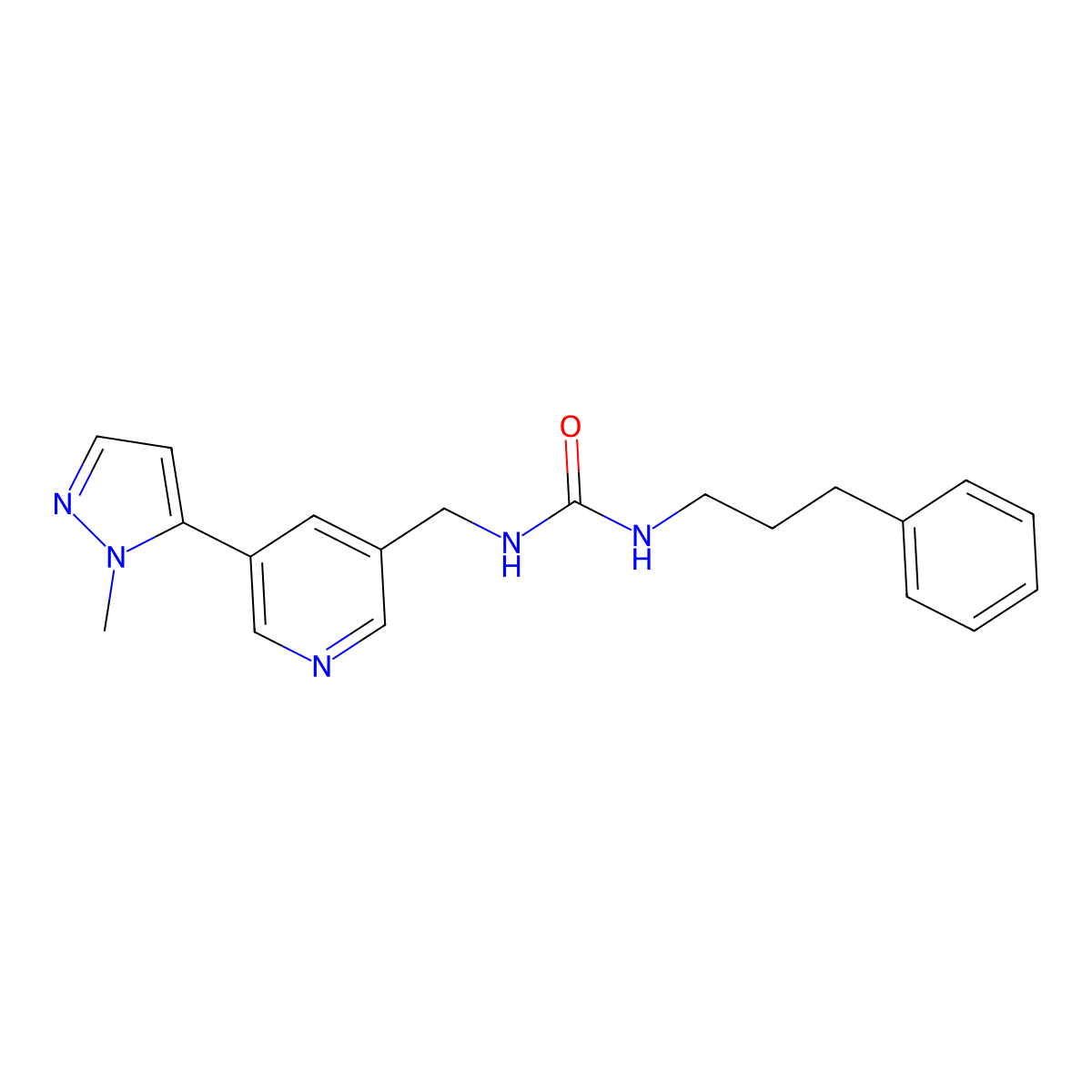 1-((5-(1-methyl-1H-pyrazol-5-yl)pyridin-3-yl)methyl)-3-(3-phenylpropyl)urea molecular structure, CAS 2034336-63-3